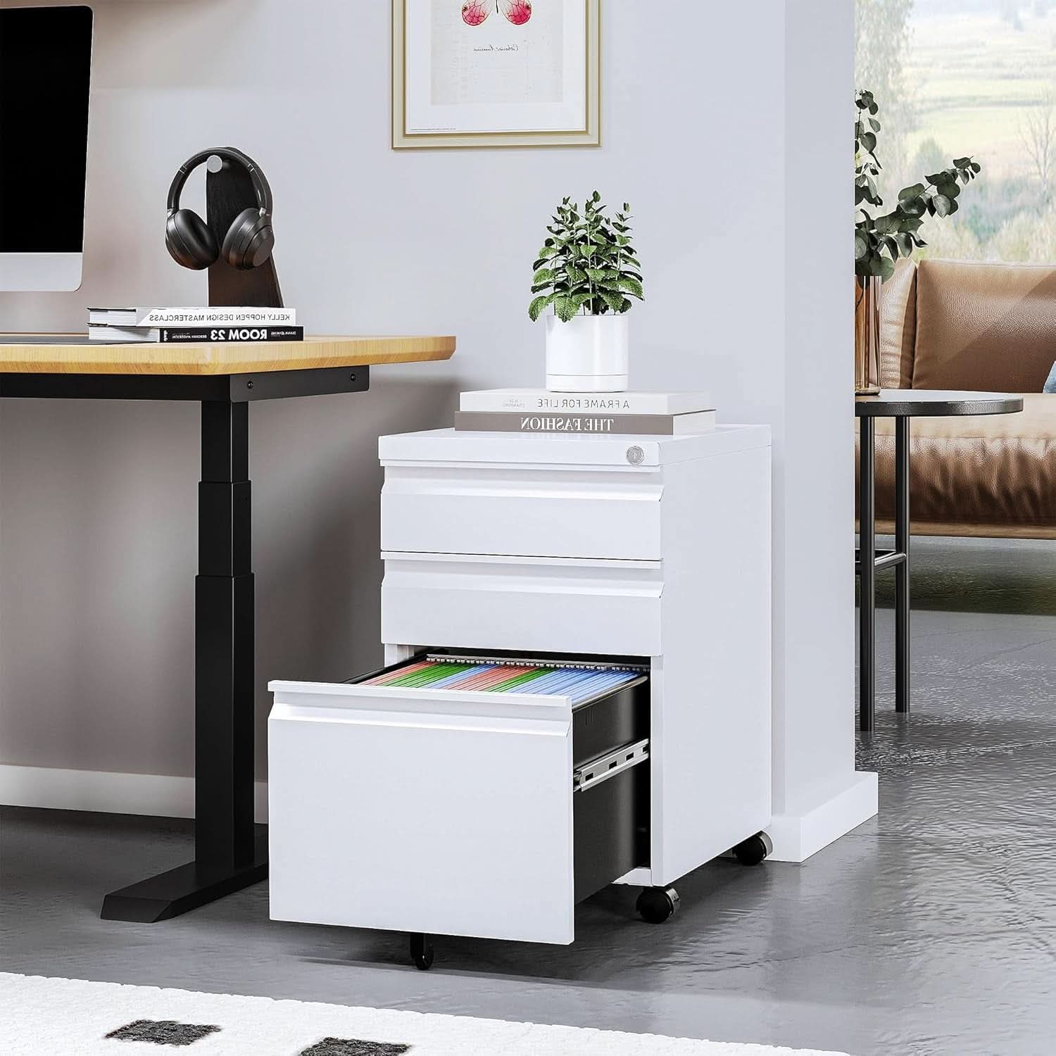 Locking Mobile File Cabinet On Wheels 3 Drawer Metal