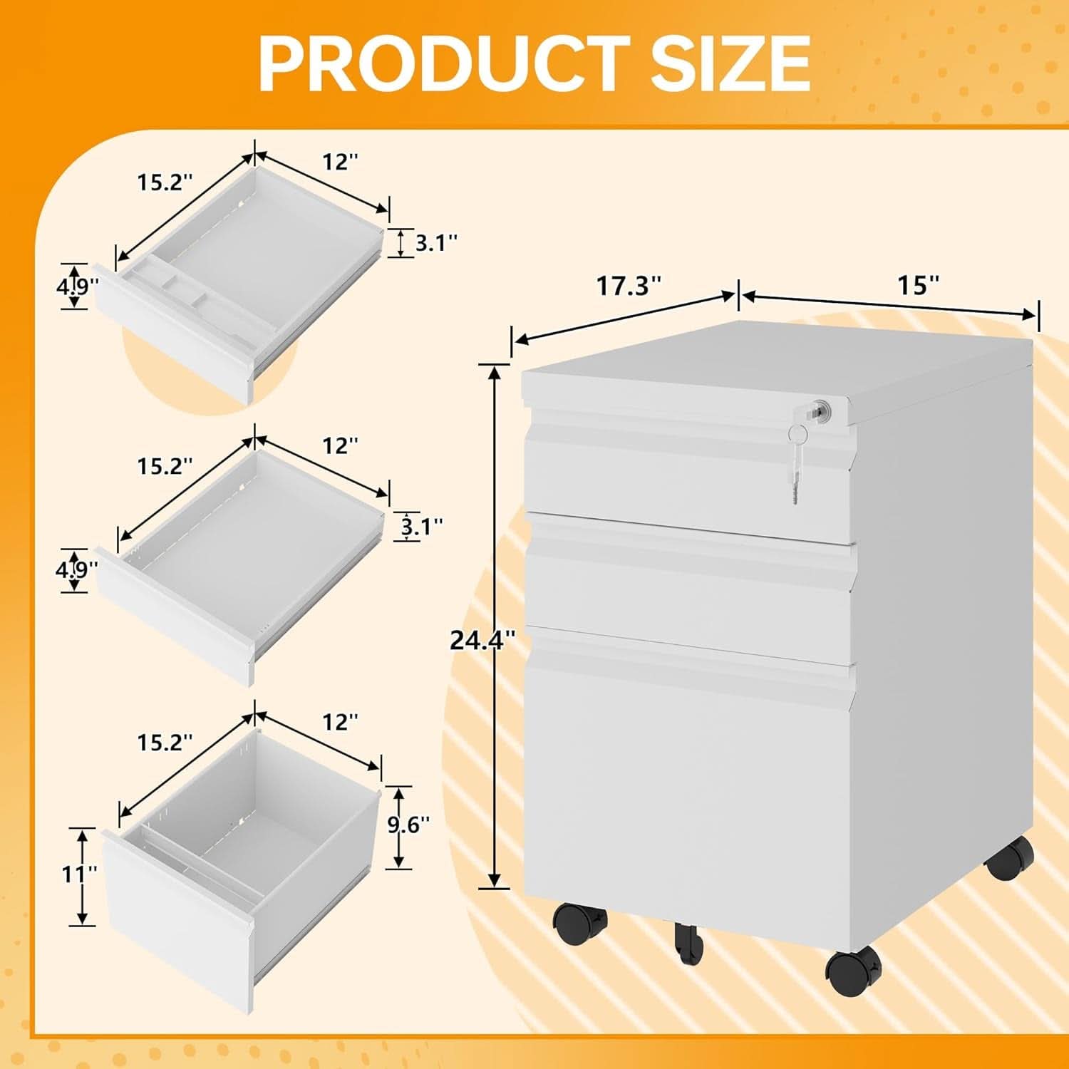 Locking Mobile File Cabinet On Wheels 3 Drawer Metal