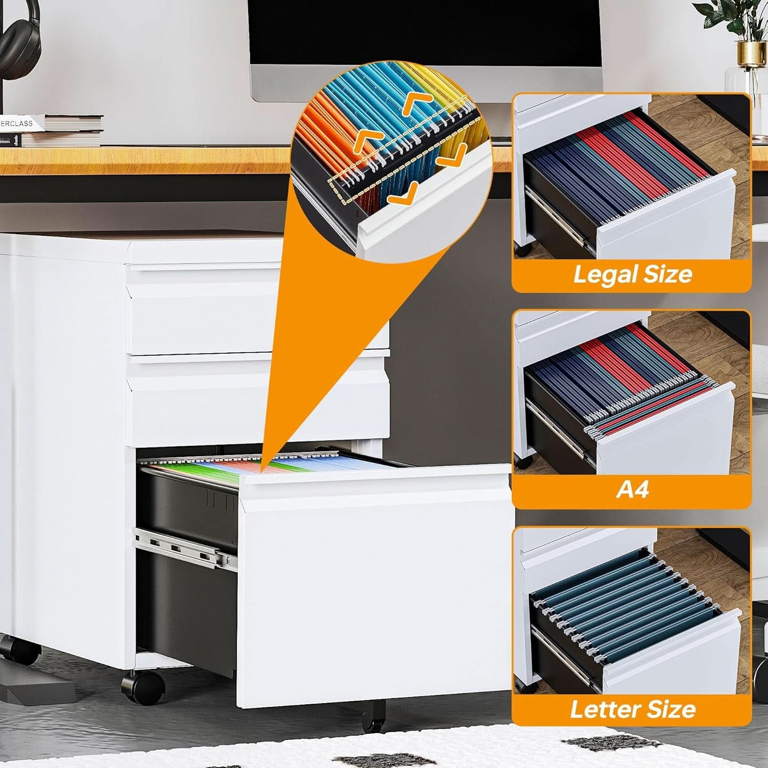 Locking Mobile File Cabinet On Wheels 3 Drawer Metal