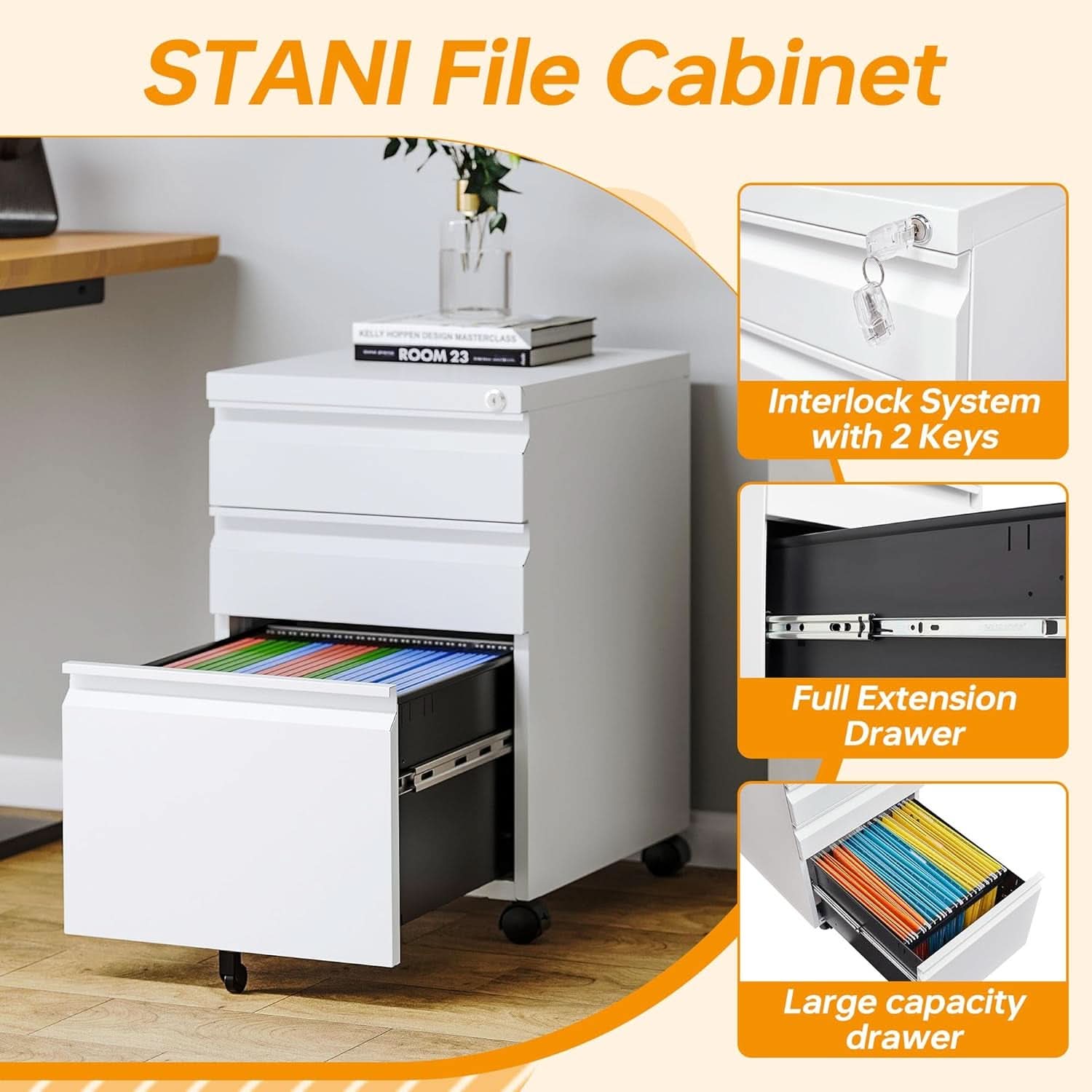 Locking Mobile File Cabinet On Wheels 3 Drawer Metal