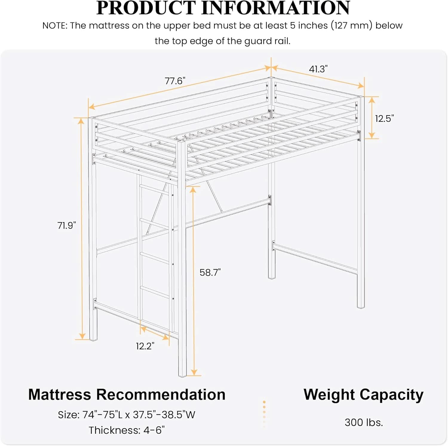 Loft Bed Twin Size Black With Ladder And Guardrail