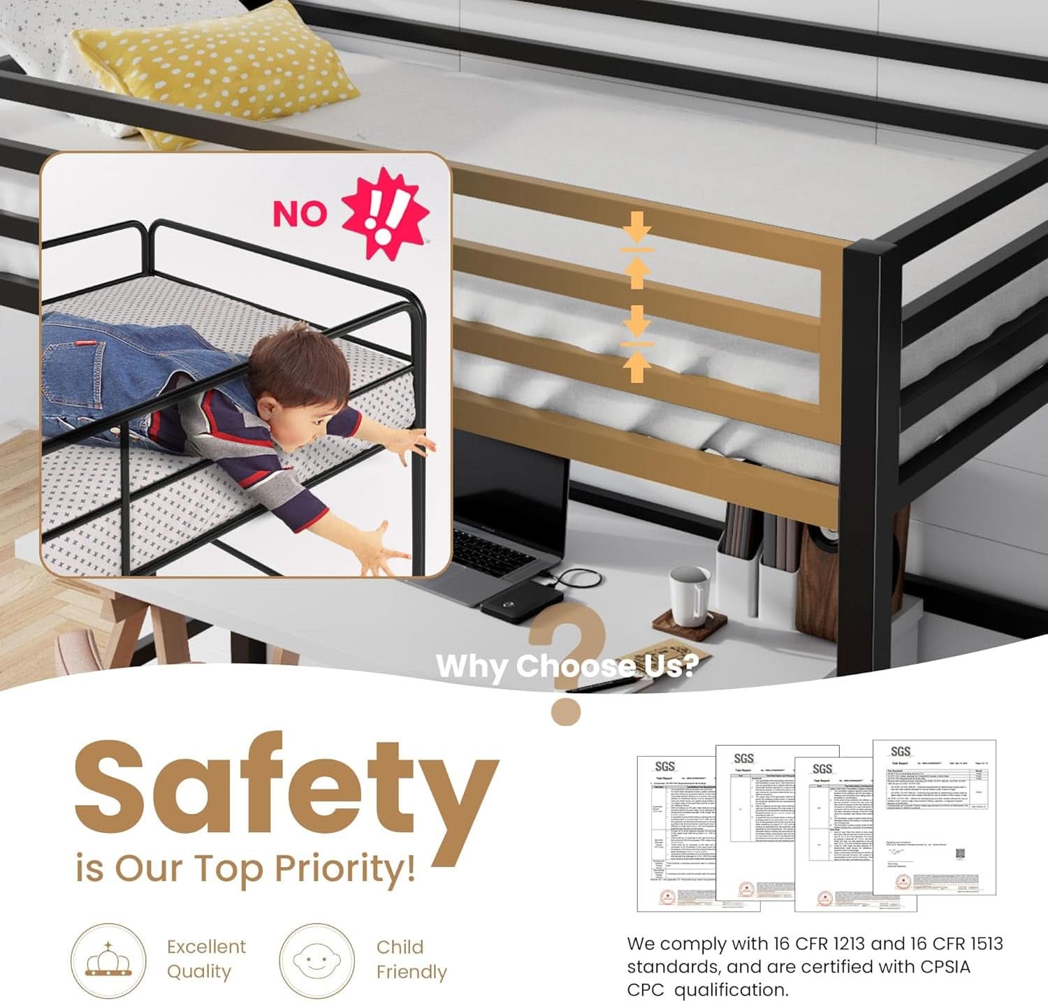 Loft Bed Twin Size Black With Ladder And Guardrail