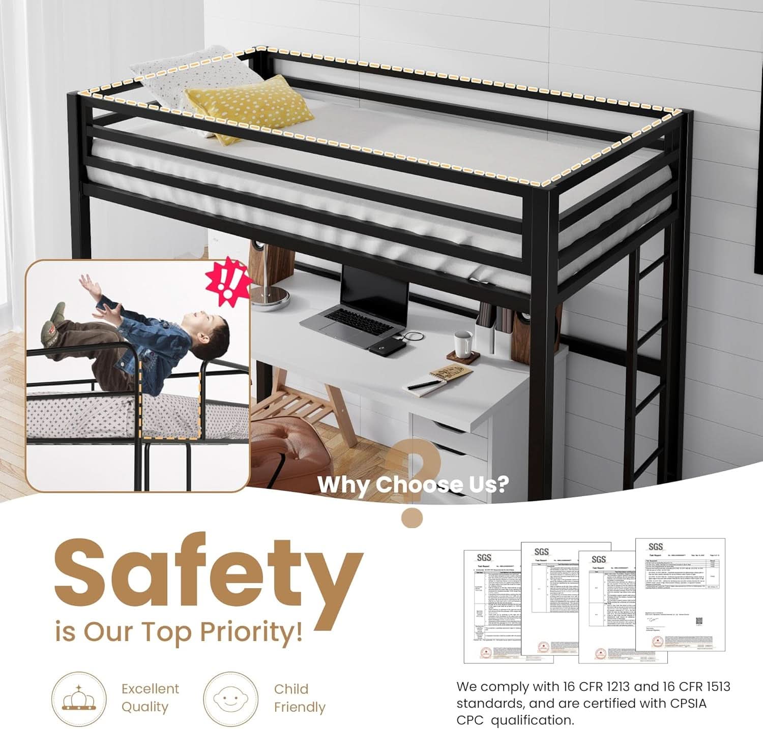 Loft Bed Twin Size Black With Ladder And Guardrail