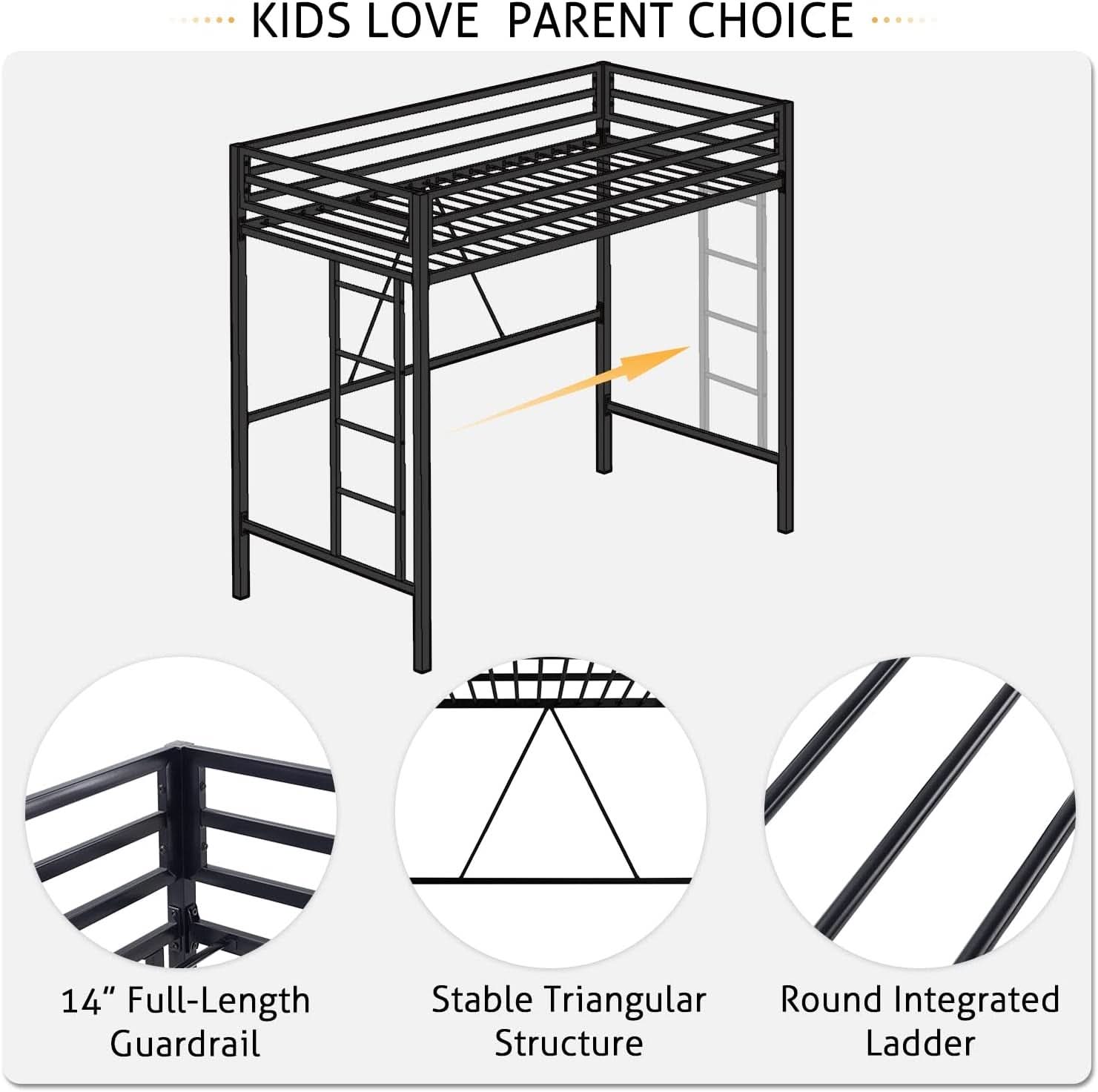 Loft Bed Twin Size Black With Ladder And Guardrail