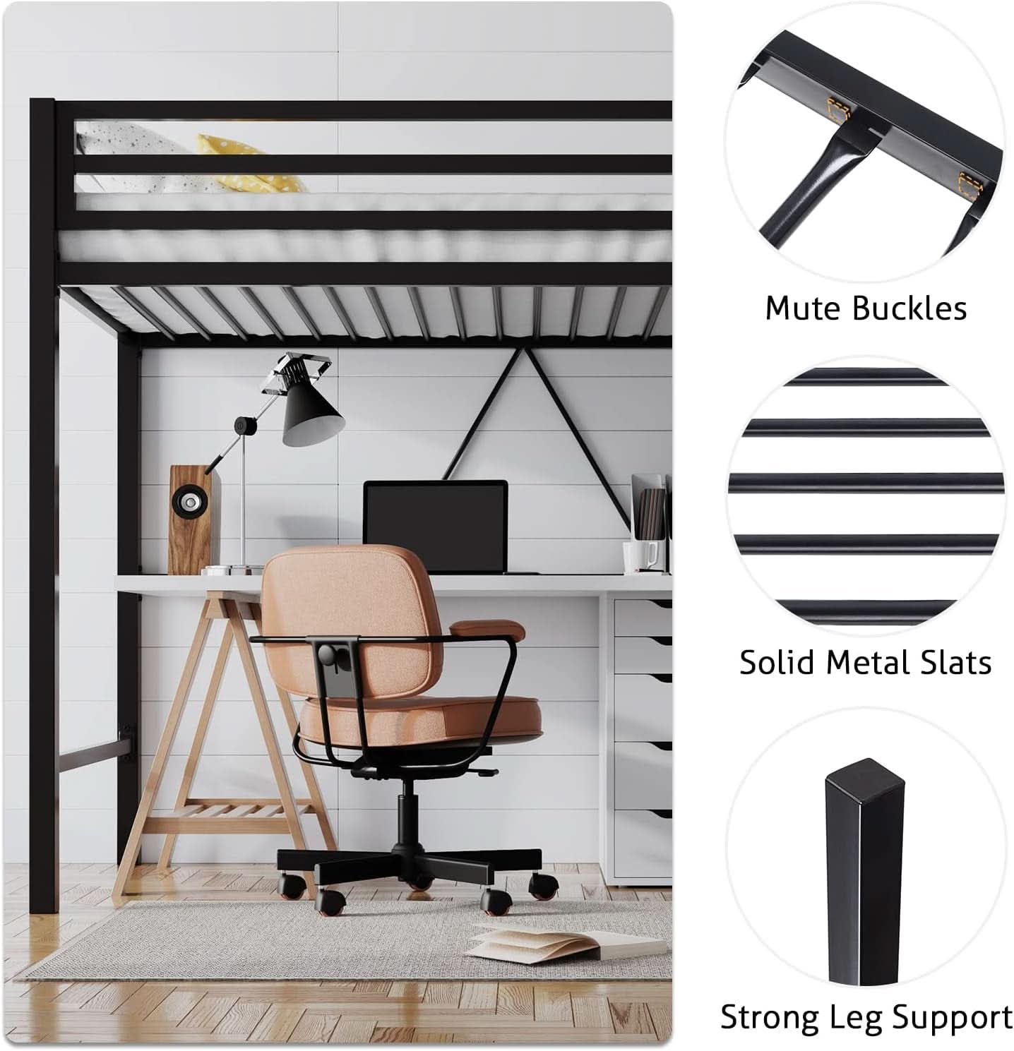Loft Bed Twin Size Black With Ladder And Guardrail