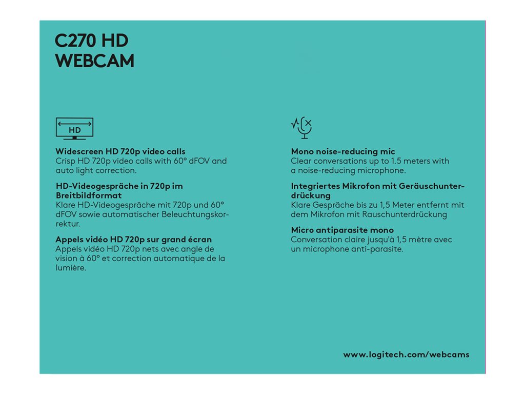 Logitech C270 HD Webcam - Webcam - color - 1280 x 720 - 720p - audio - USB 2.0 - academic