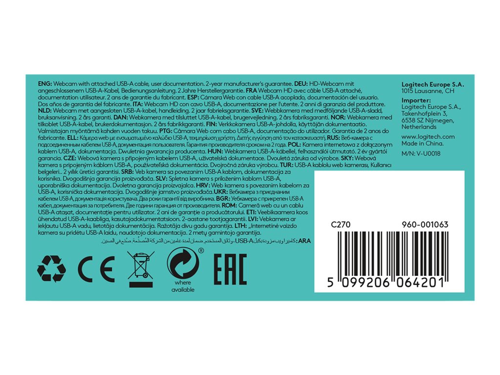 Logitech C270 HD Webcam - Webcam - color - 1280 x 720 - 720p - audio - USB 2.0 - academic