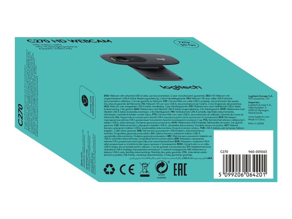 Logitech C270 HD Webcam - Webcam - color - 1280 x 720 - 720p - audio - USB 2.0 - academic