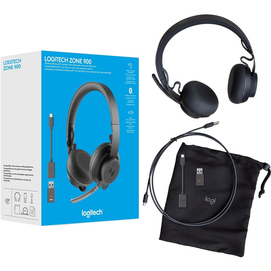 Logitech Zone 900 On-Ear Wireless Bluetooth Headset with advanced noise-canceling microphone, connect up to 6 wireless devices with one receiver, quick access to ANC and Bluetooth