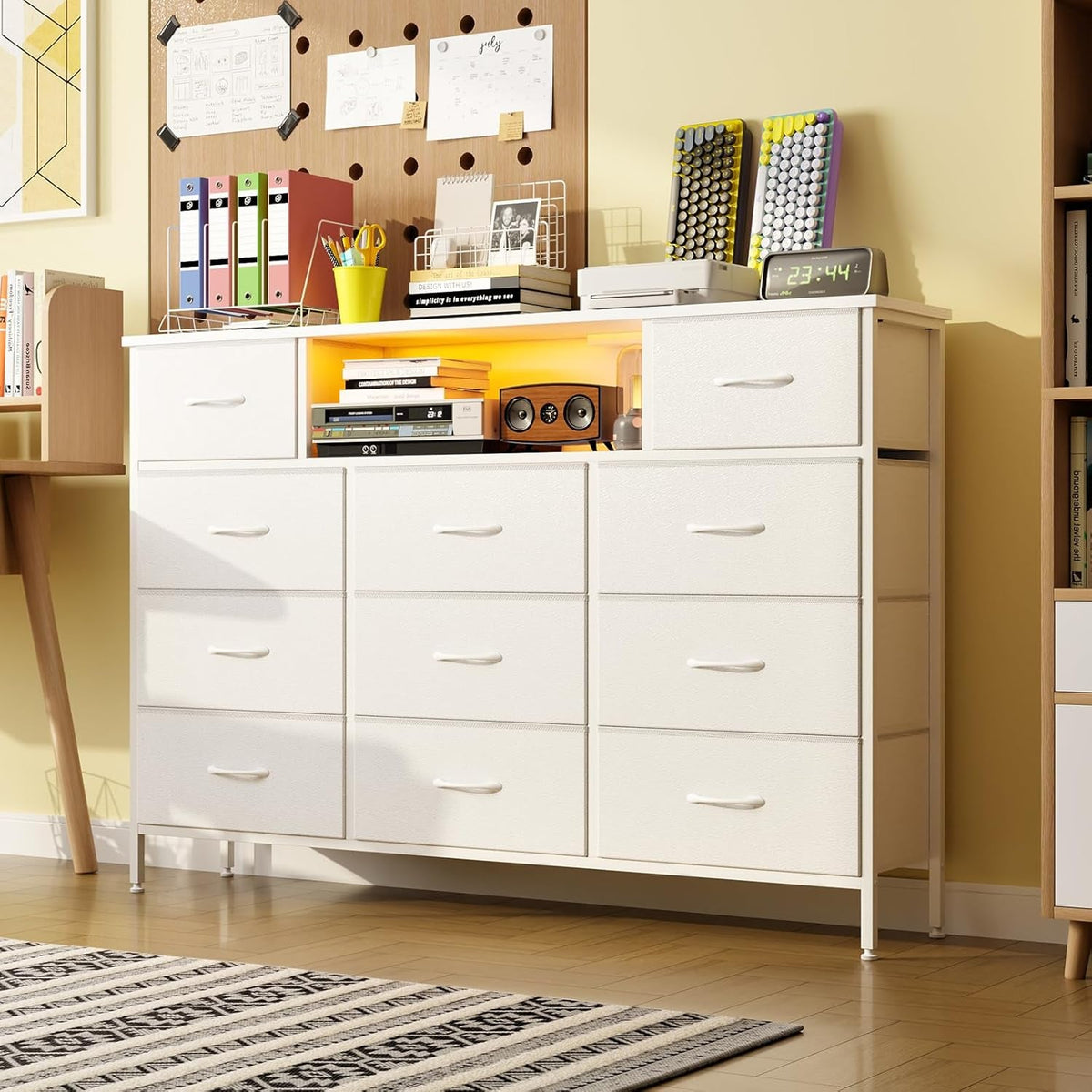 Long Dresser With 11 Drawers Charging Station And LED Lights