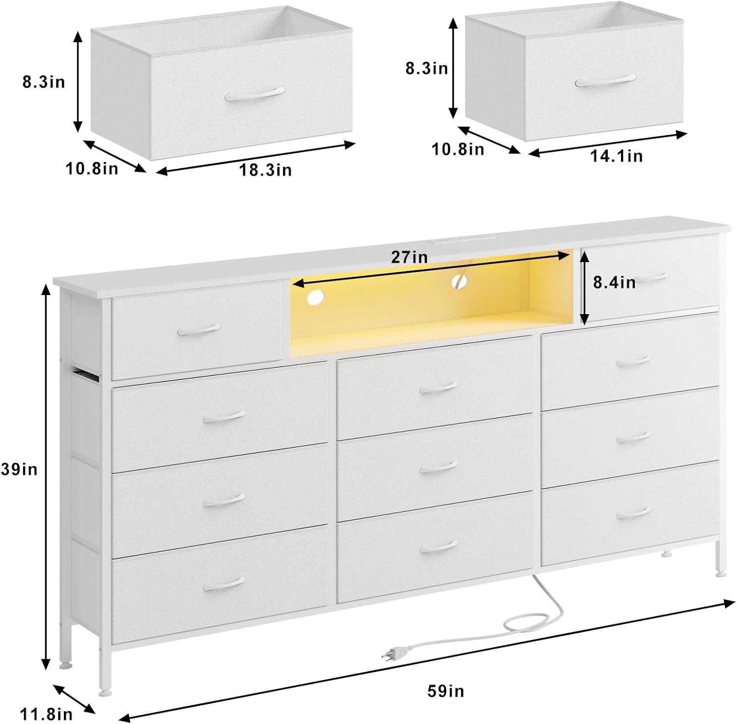 Long Dresser With 11 Drawers Charging Station And LED Lights