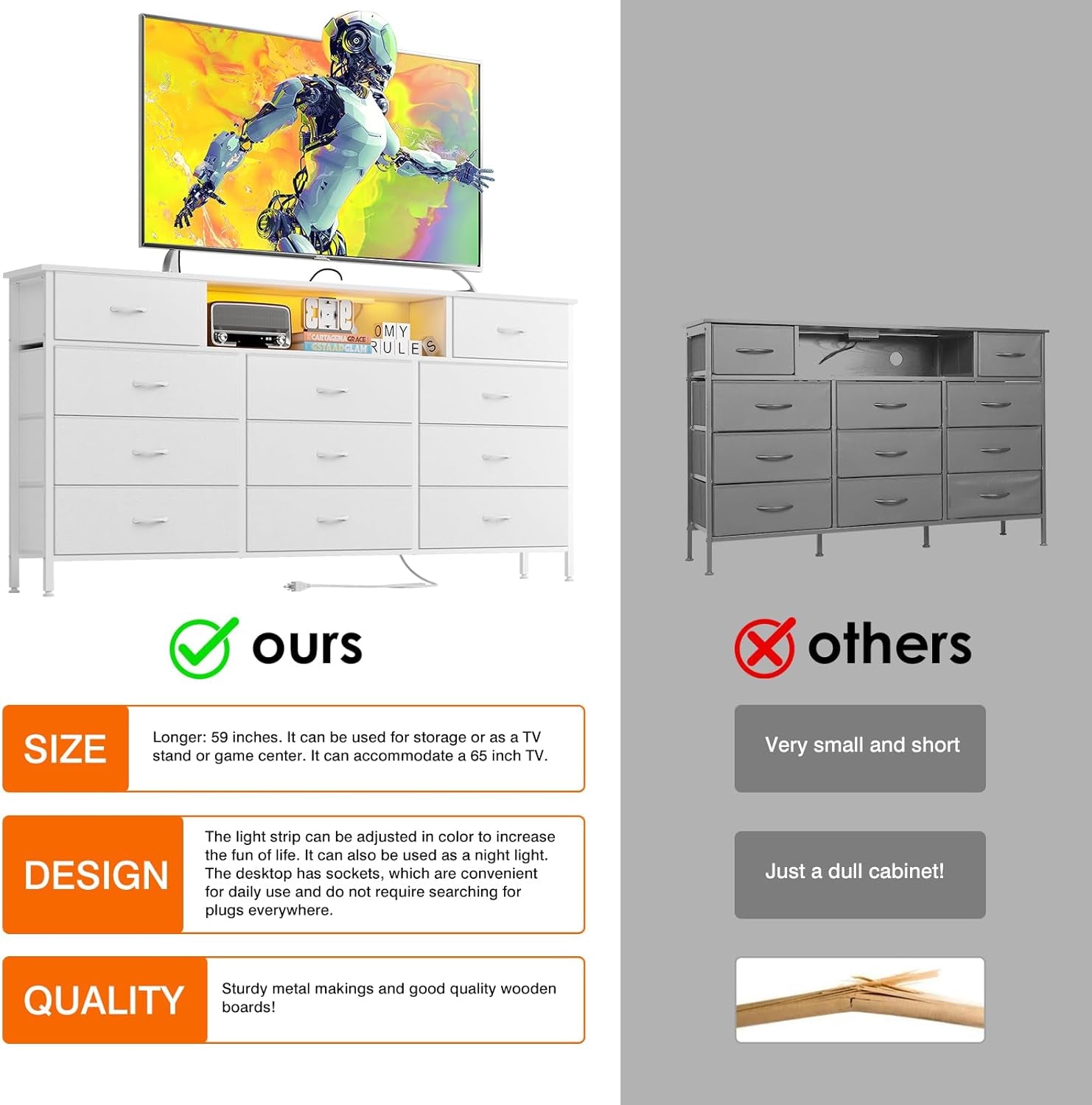 Long Dresser With 11 Drawers Charging Station And LED Lights