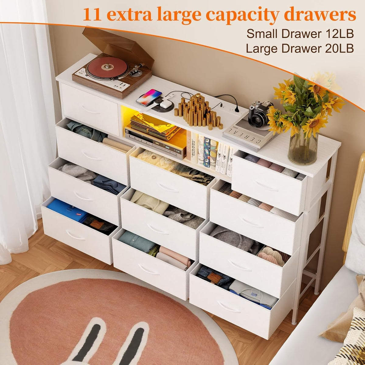 Long Dresser With 11 Drawers Charging Station And LED Lights
