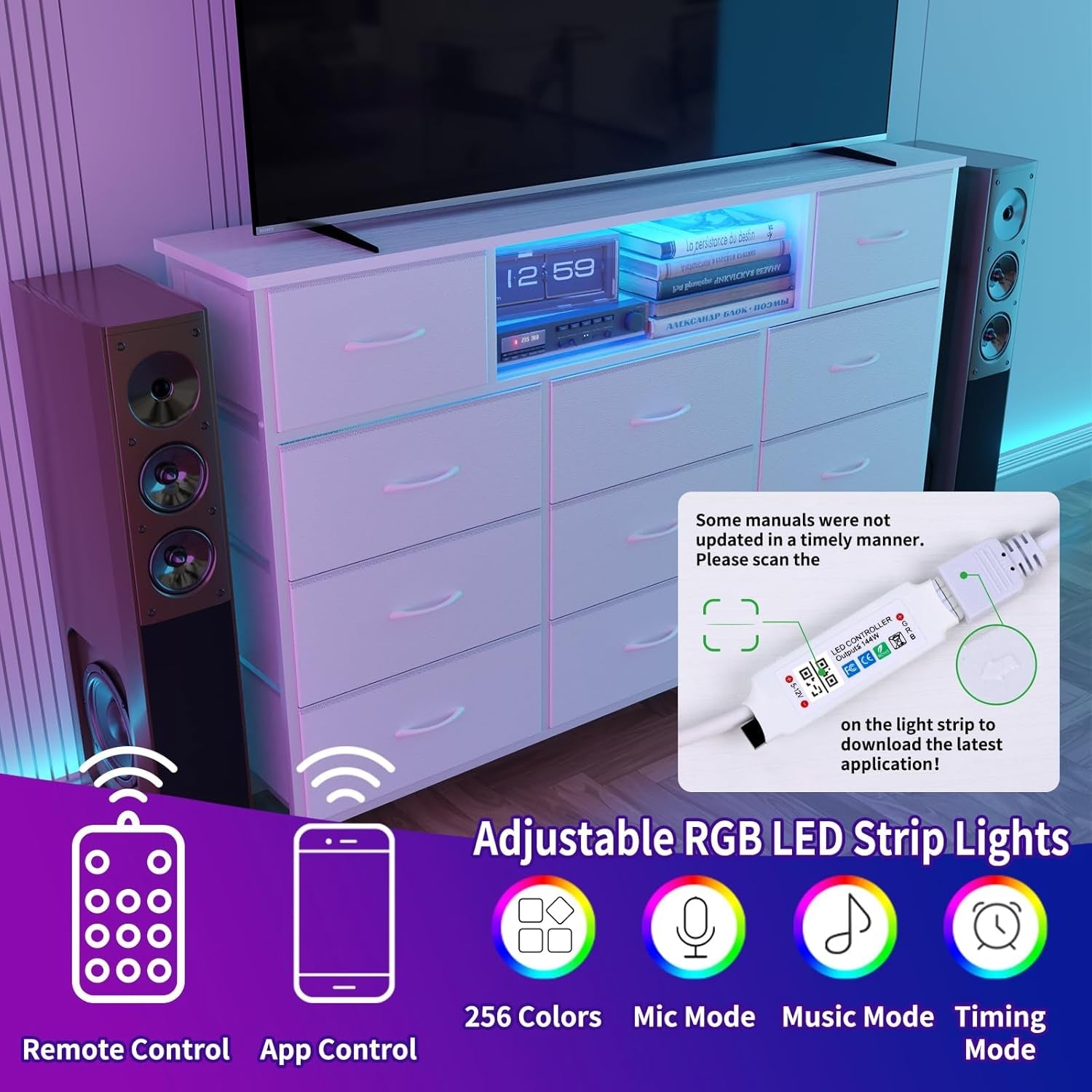 Long Dresser With 11 Drawers Charging Station And LED Lights