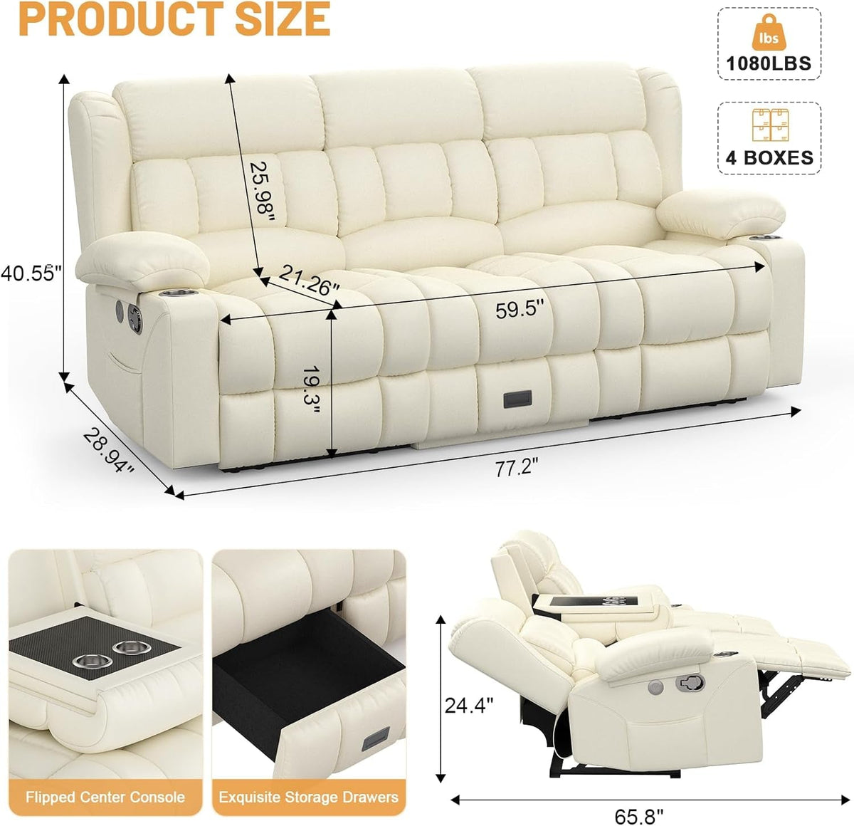 Loveseat Recliner Sofa With Flip Backrest And Ivory White PU Leather
