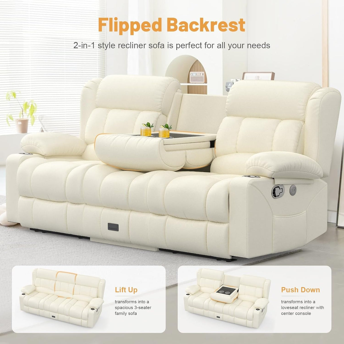 Loveseat Recliner Sofa With Flip Backrest And Ivory White PU Leather