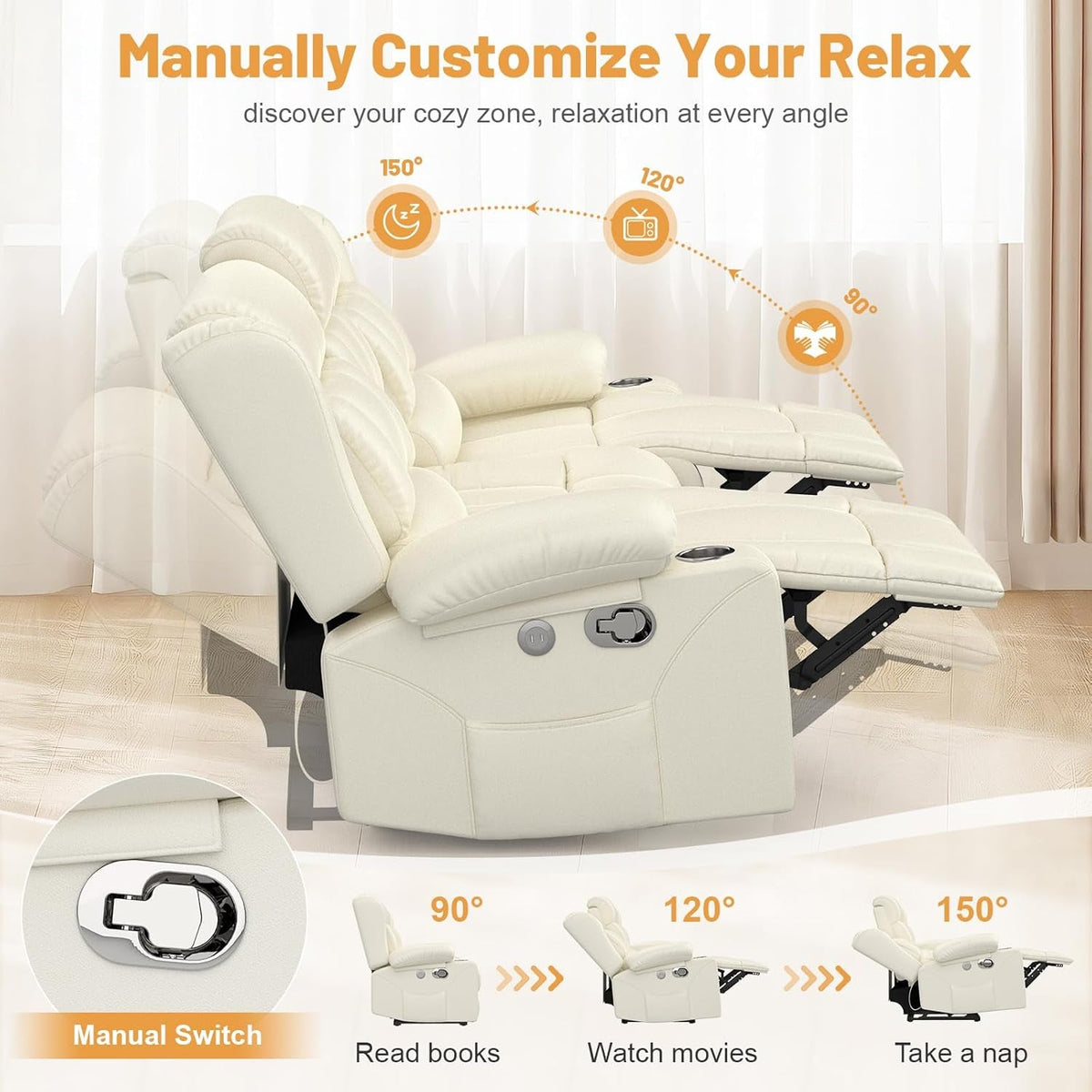 Loveseat Recliner Sofa With Flip Backrest And Ivory White PU Leather