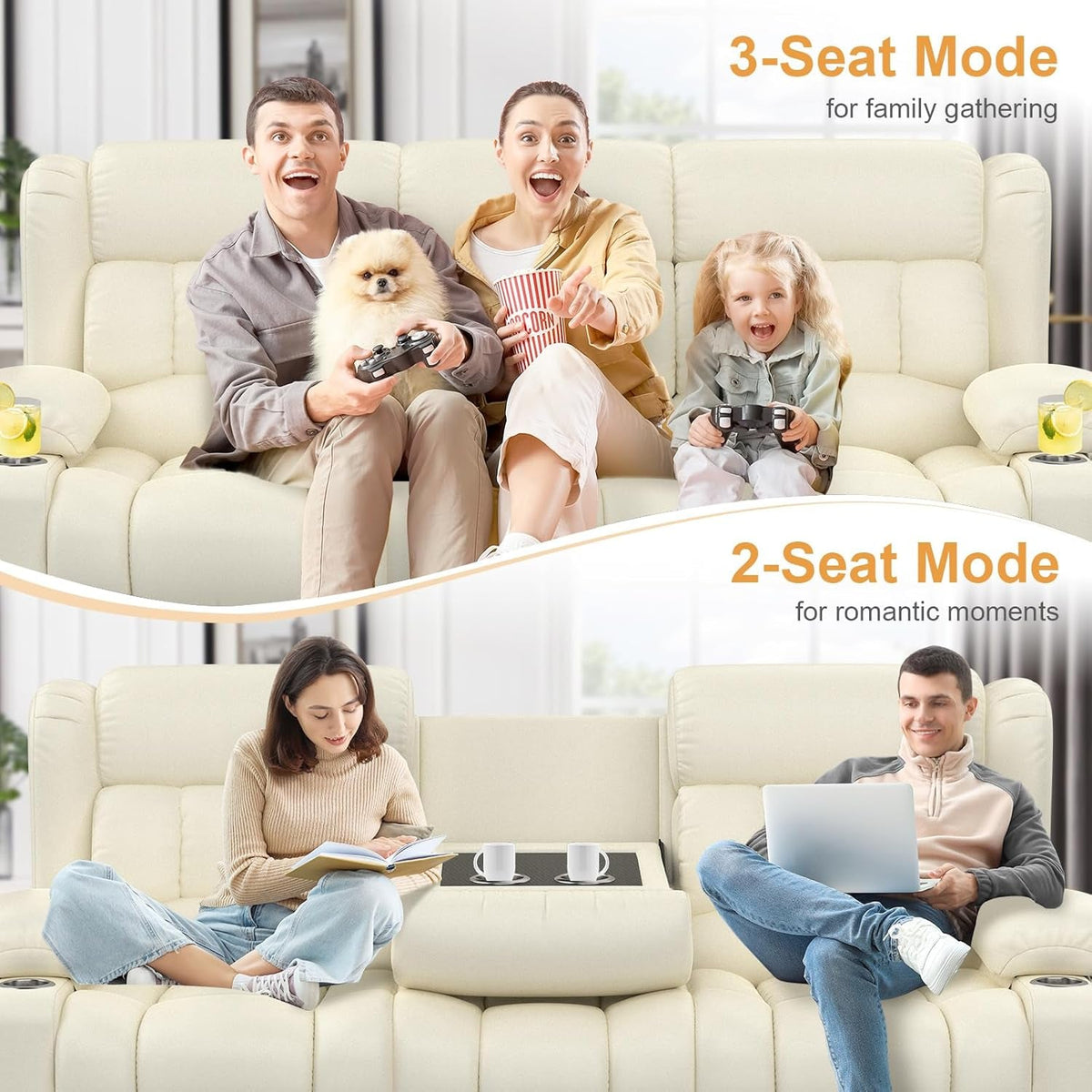 Loveseat Recliner Sofa With Flip Backrest And Ivory White PU Leather