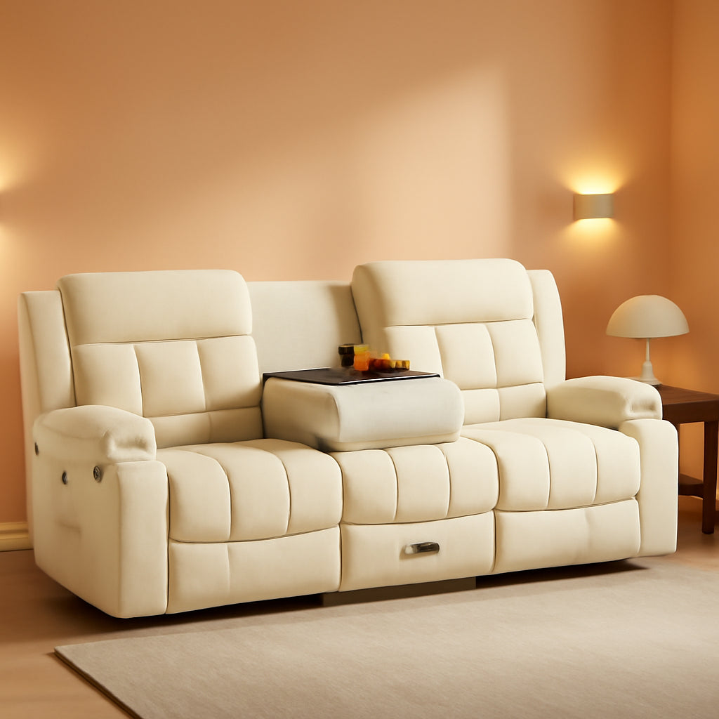 Loveseat Recliner Sofa With Flip Backrest And Ivory White PU Leather