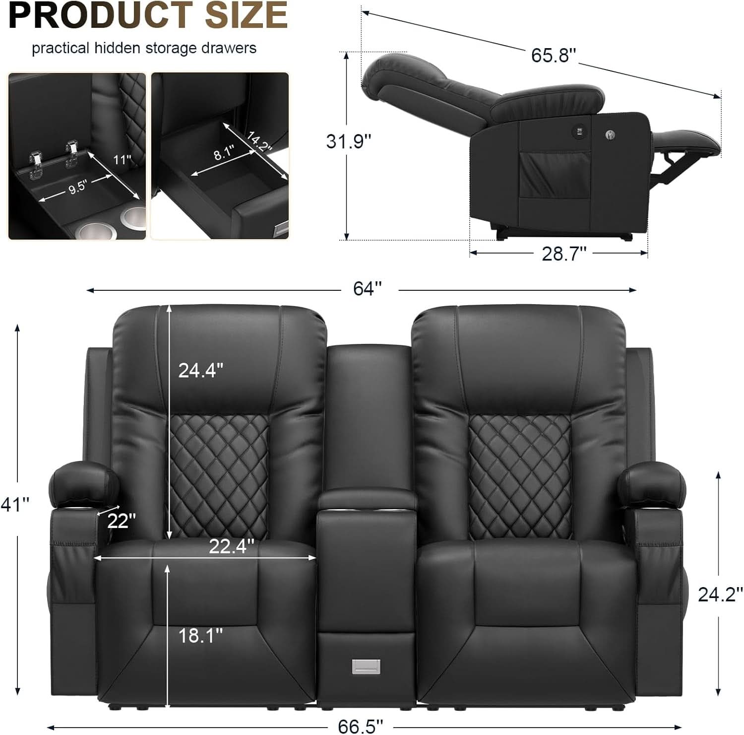 Loveseat Recliner Sofa With Storage Console And USB Ports