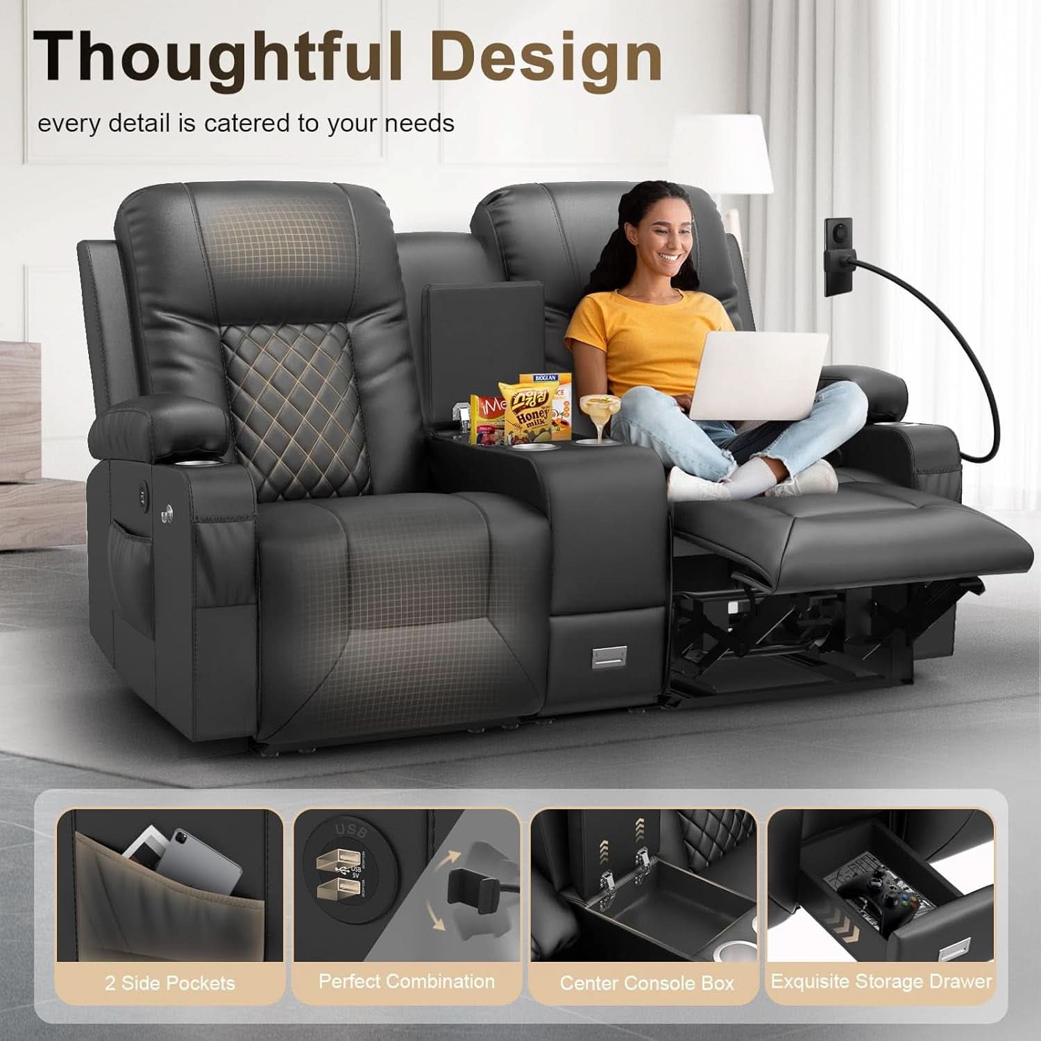 Loveseat Recliner Sofa With Storage Console And USB Ports
