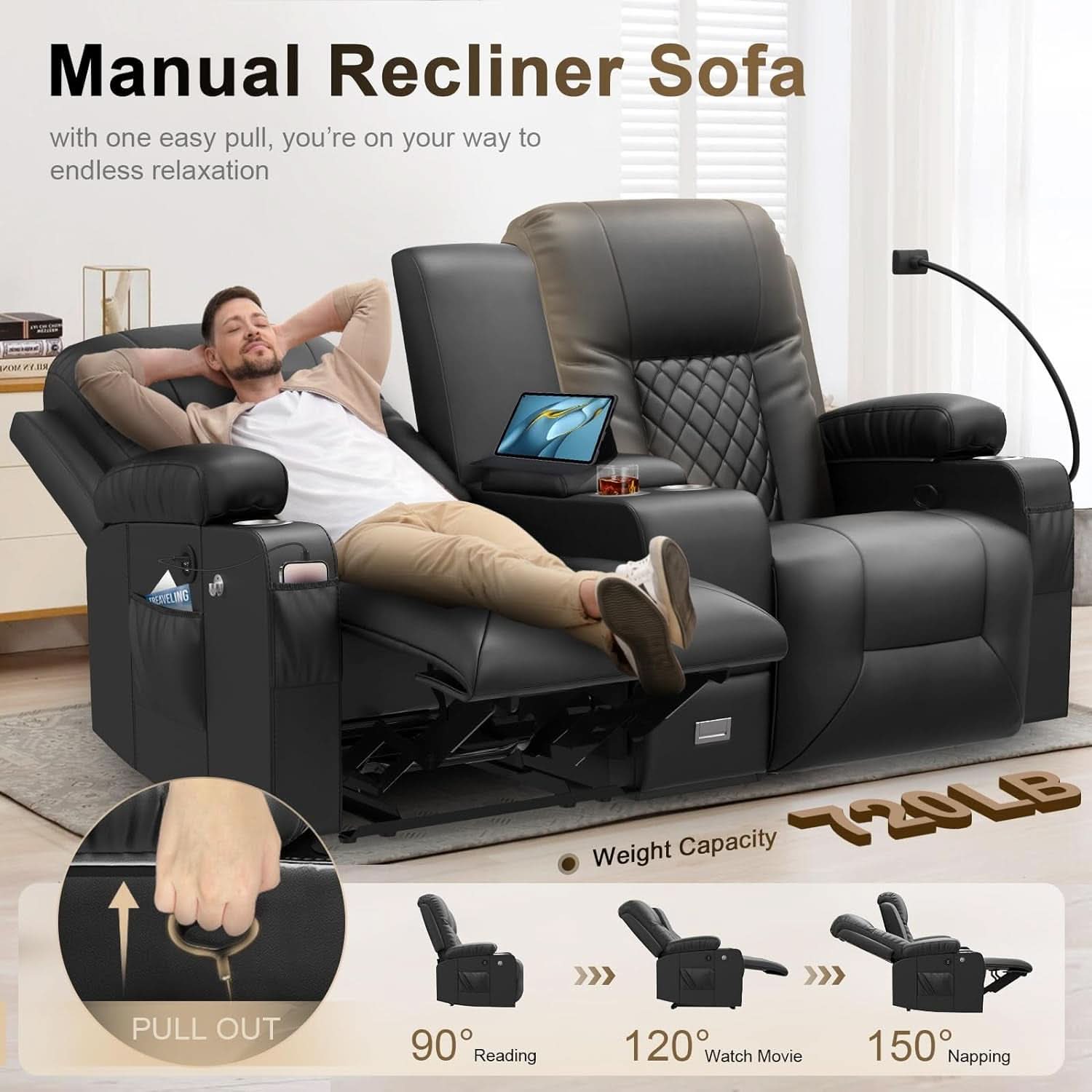 Loveseat Recliner Sofa With Storage Console And USB Ports