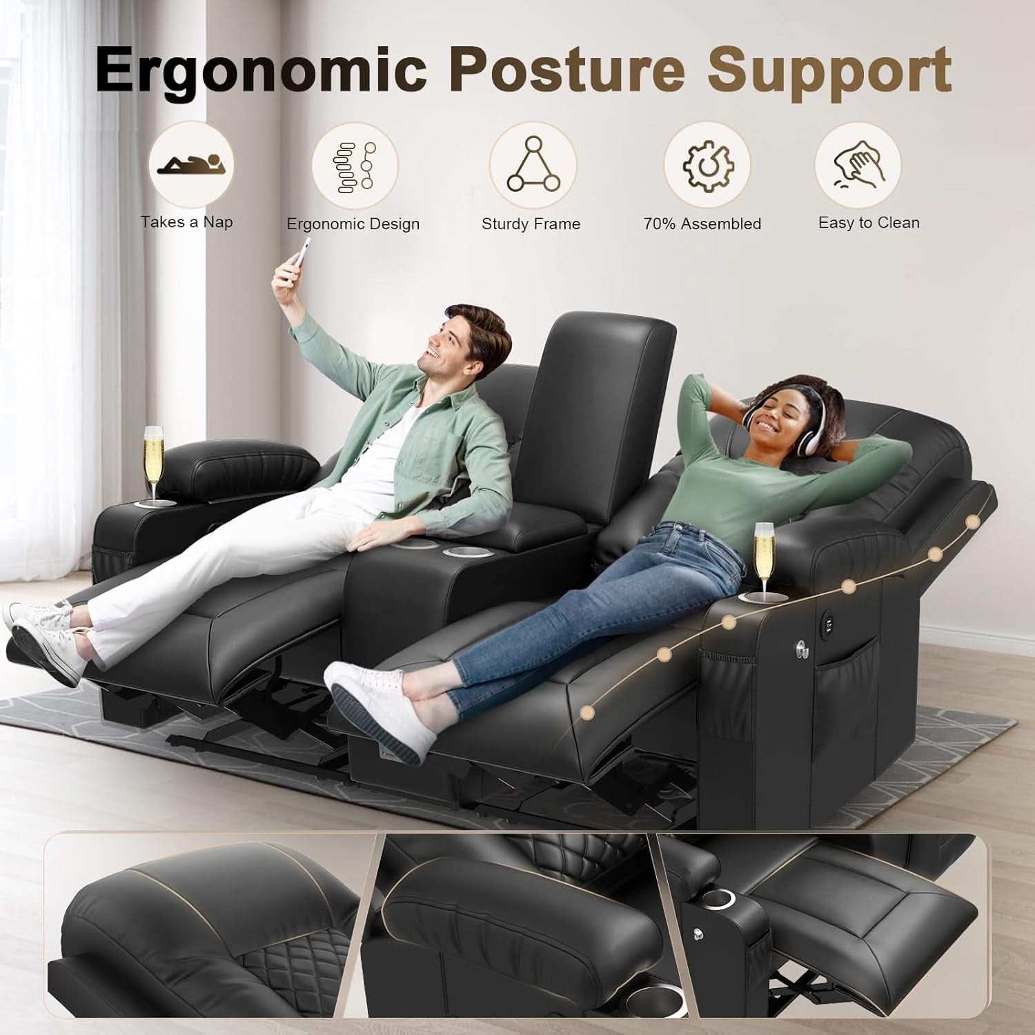Loveseat Recliner Sofa With Storage Console And USB Ports