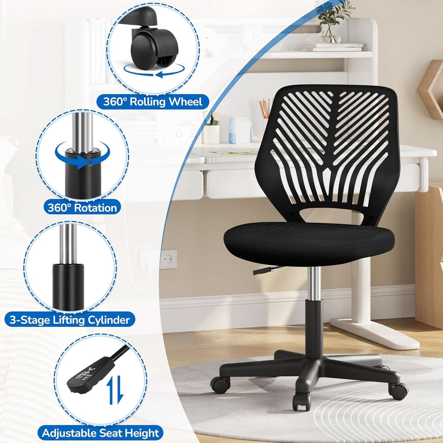 Low Back Armless Desk Chair With Lumbar Support Black
