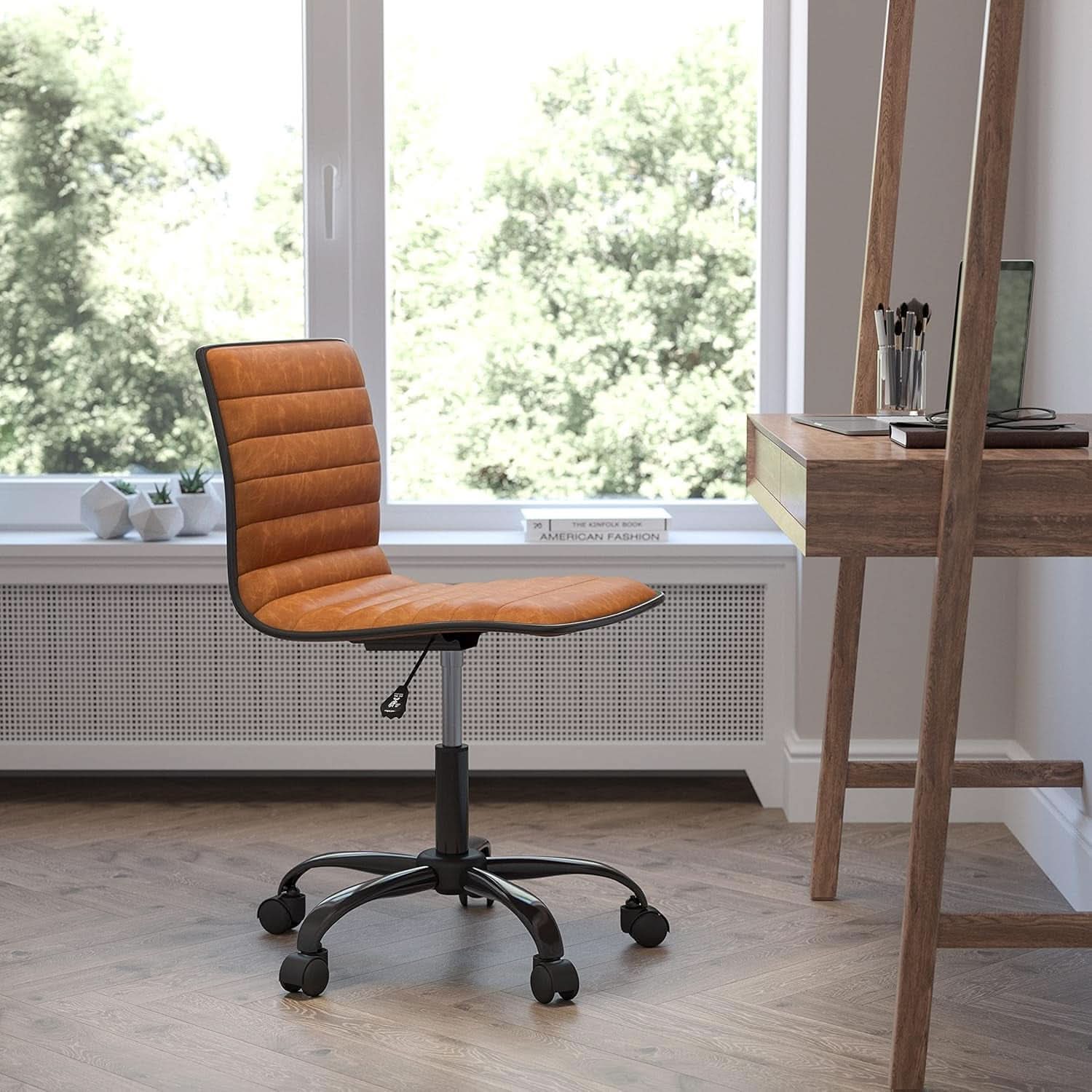 Low-Back Ribbed Upholstered Vinyl Swivel Desk Chair, Brown, Adjustable Height