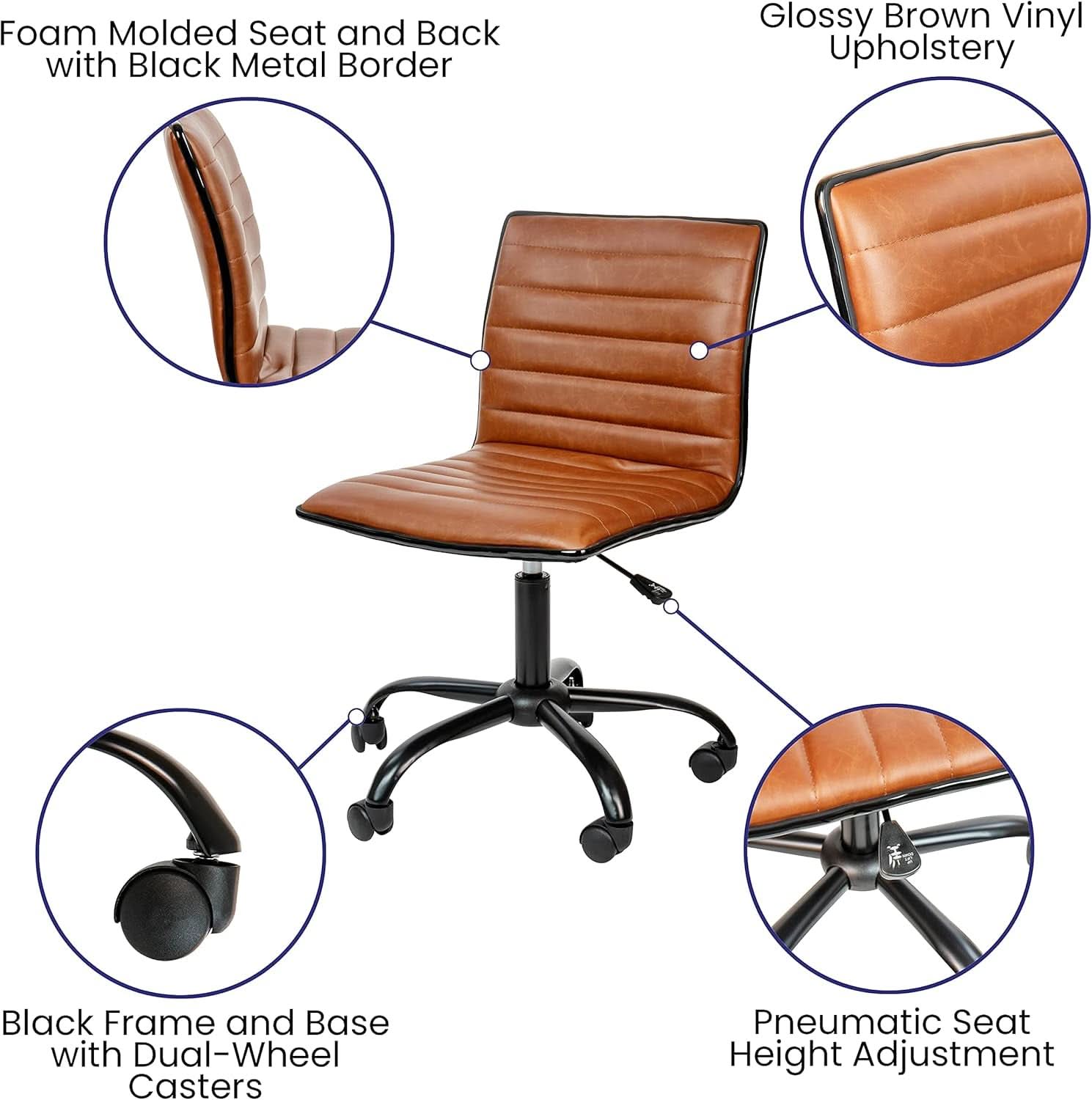 Low-Back Ribbed Upholstered Vinyl Swivel Desk Chair, Brown, Adjustable Height