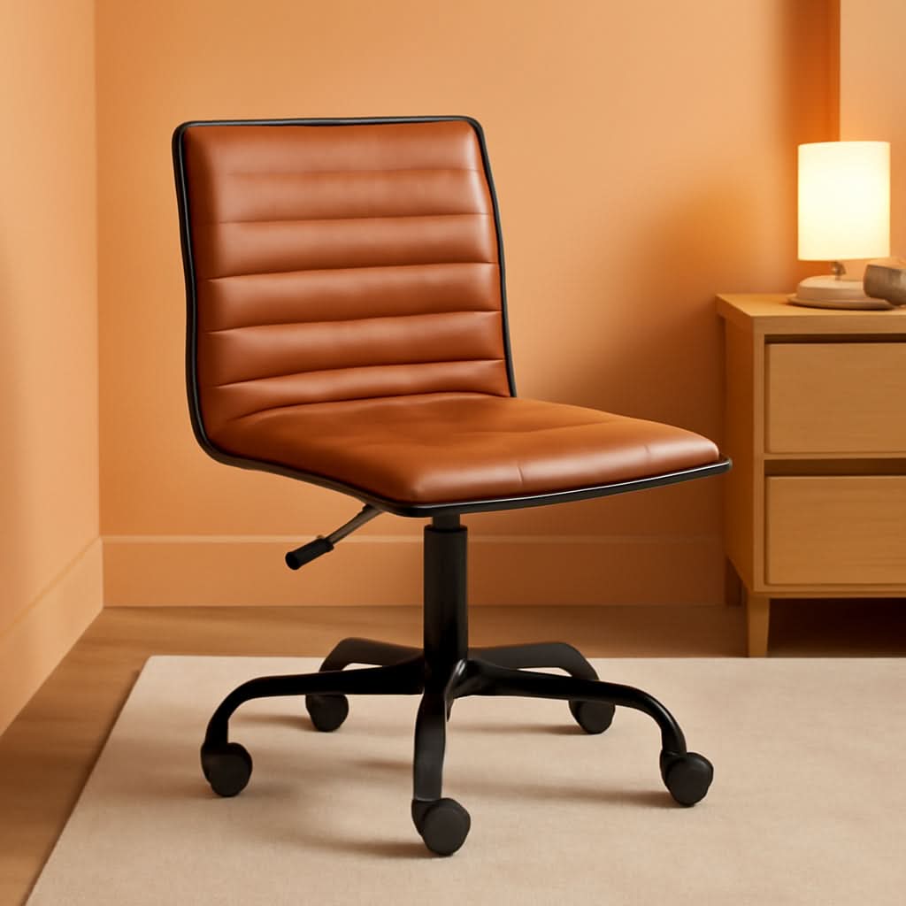 Low-Back Ribbed Upholstered Vinyl Swivel Desk Chair, Brown, Adjustable Height