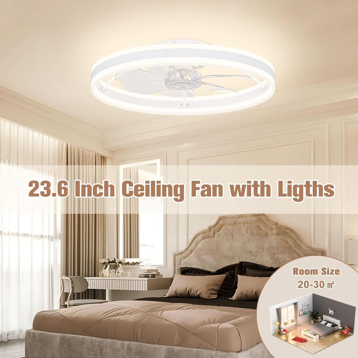 Low Profile 23.6 Inch Flush Mount Ceiling Fan Dimmable LED