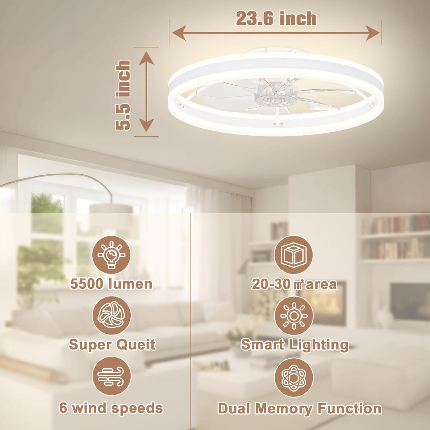 Low Profile 23.6 Inch Flush Mount Ceiling Fan Dimmable LED