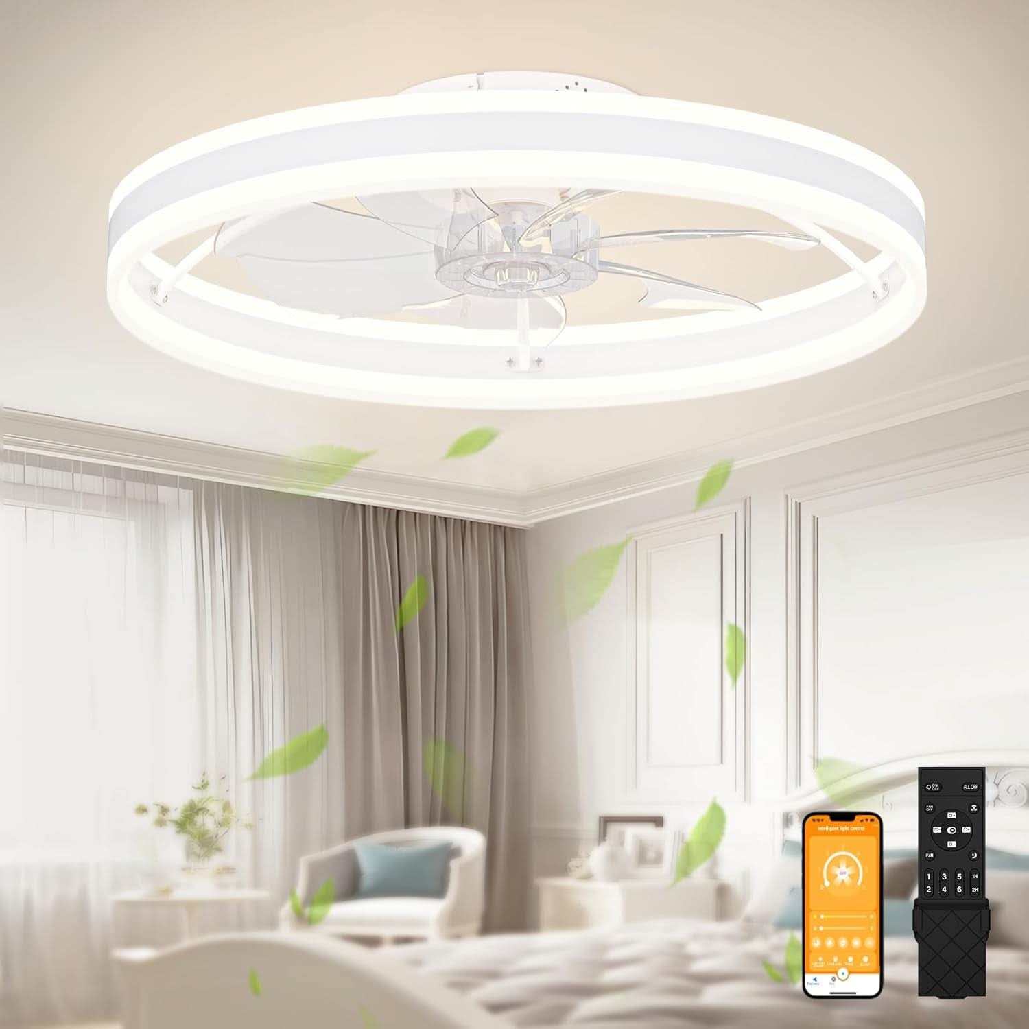 Low Profile 23.6 Inch Flush Mount Ceiling Fan Dimmable LED