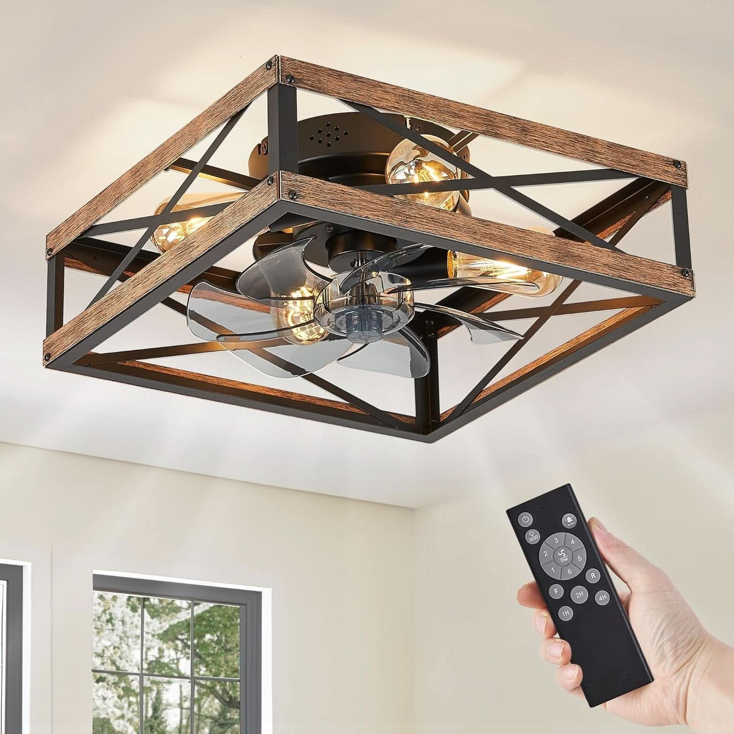 Low Profile Caged Wood Grain Ceiling Fan With Light Remote
