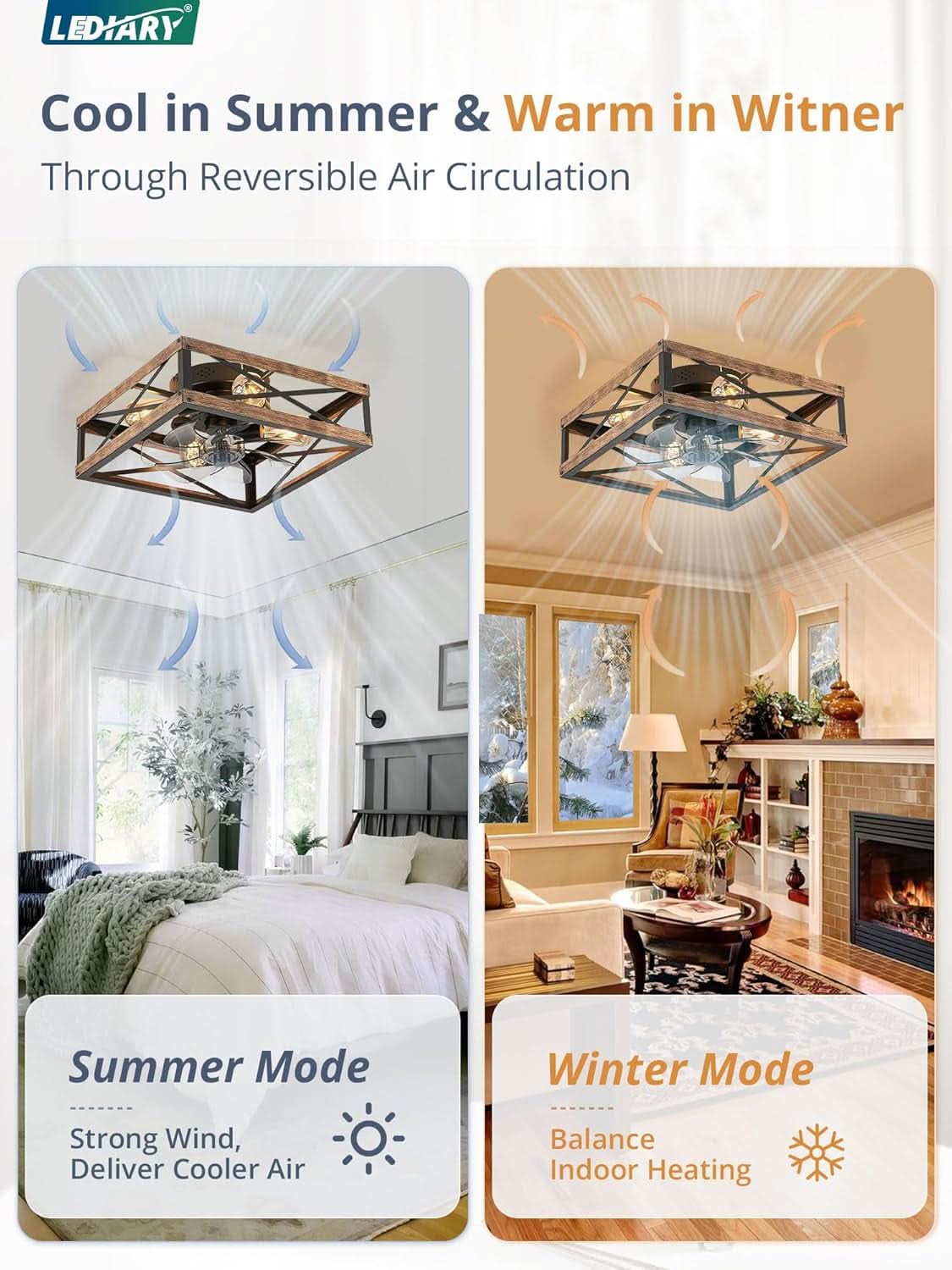 Low Profile Caged Wood Grain Ceiling Fan With Light Remote