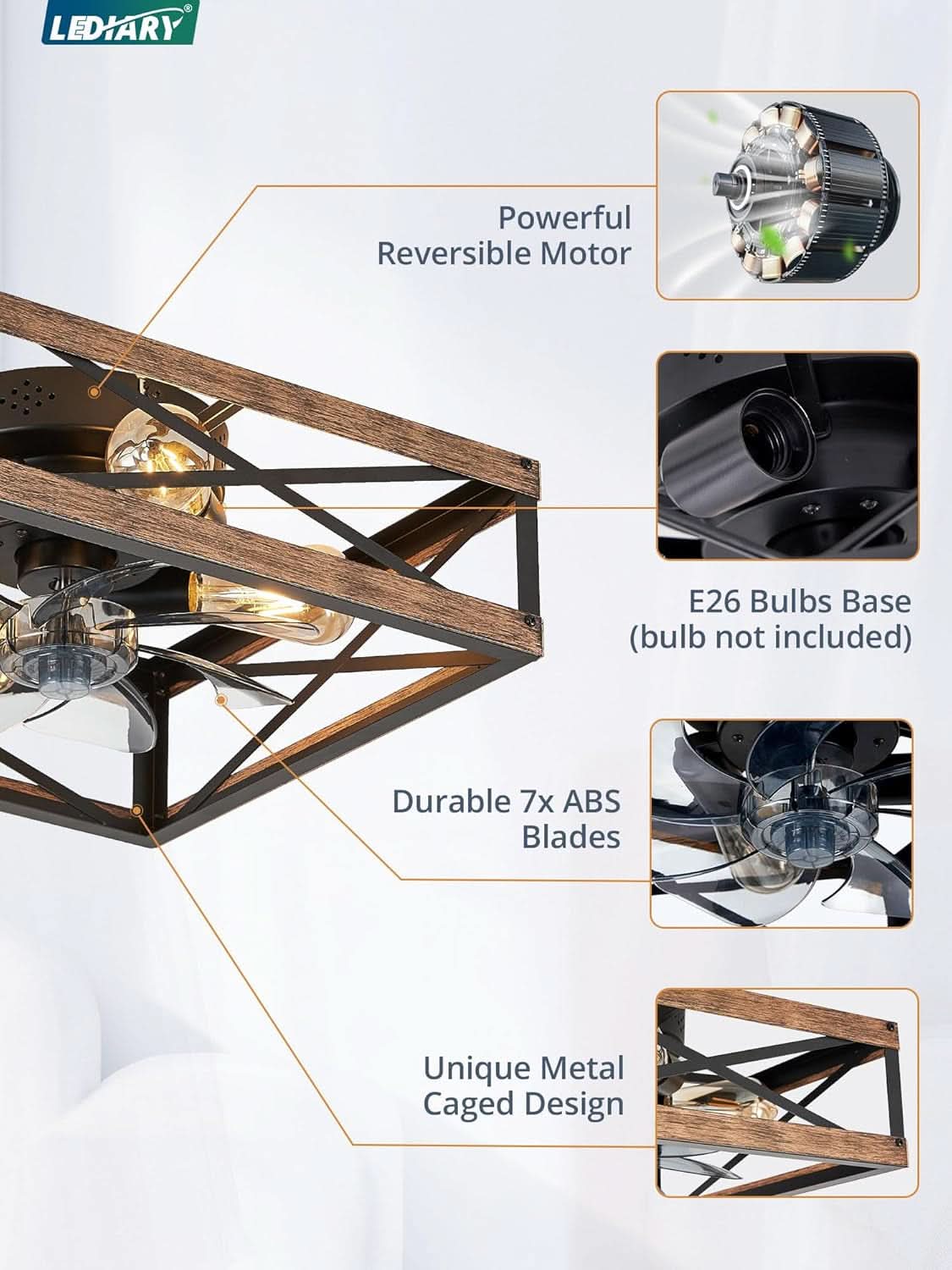 Low Profile Caged Wood Grain Ceiling Fan With Light Remote
