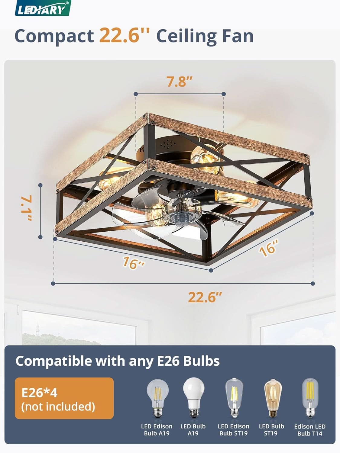 Low Profile Caged Wood Grain Ceiling Fan With Light Remote