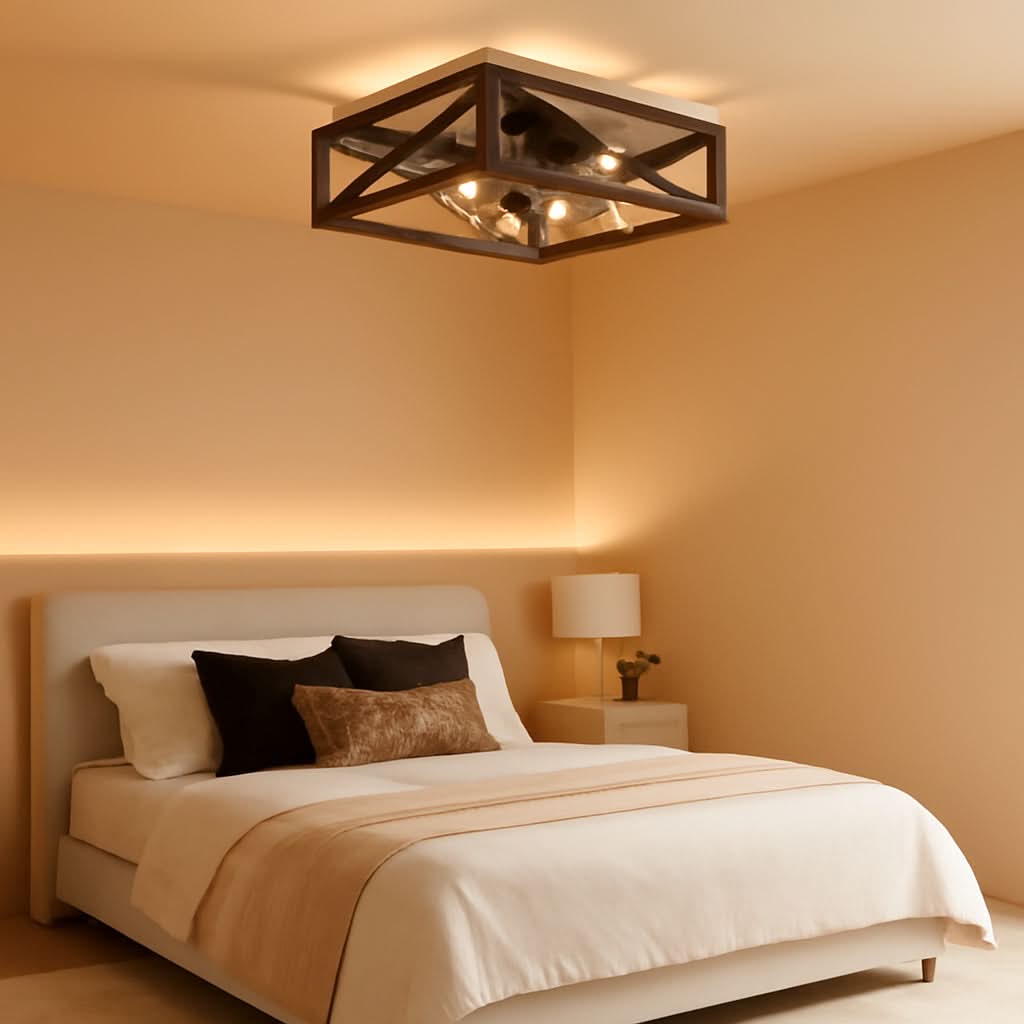 Low Profile Caged Wood Grain Ceiling Fan With Light Remote