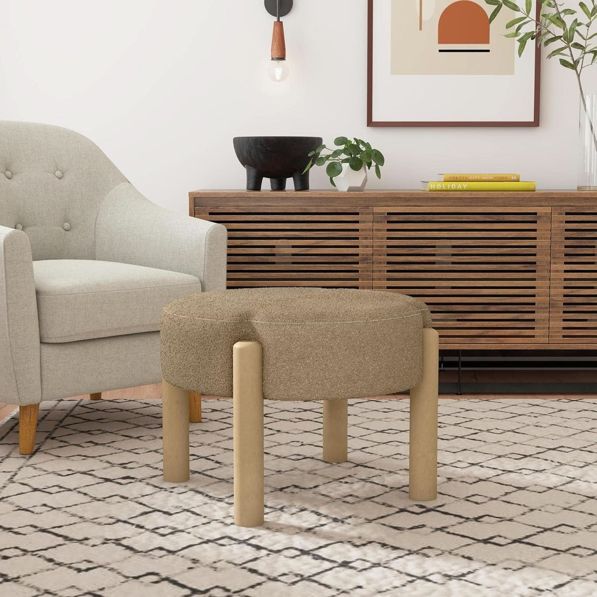 Luna Modern Round Ottoman in Brown Boucle, 22 Inches
