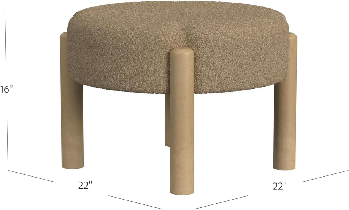 Luna Modern Round Ottoman in Brown Boucle, 22 Inches