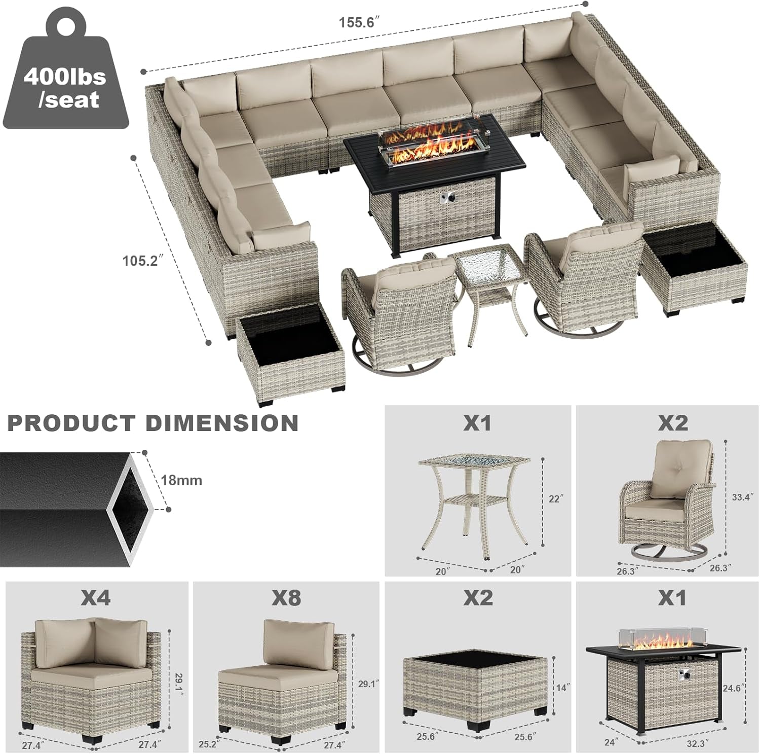 Luxurious 18-Piece Outdoor Patio Furniture Set with Fire Pit