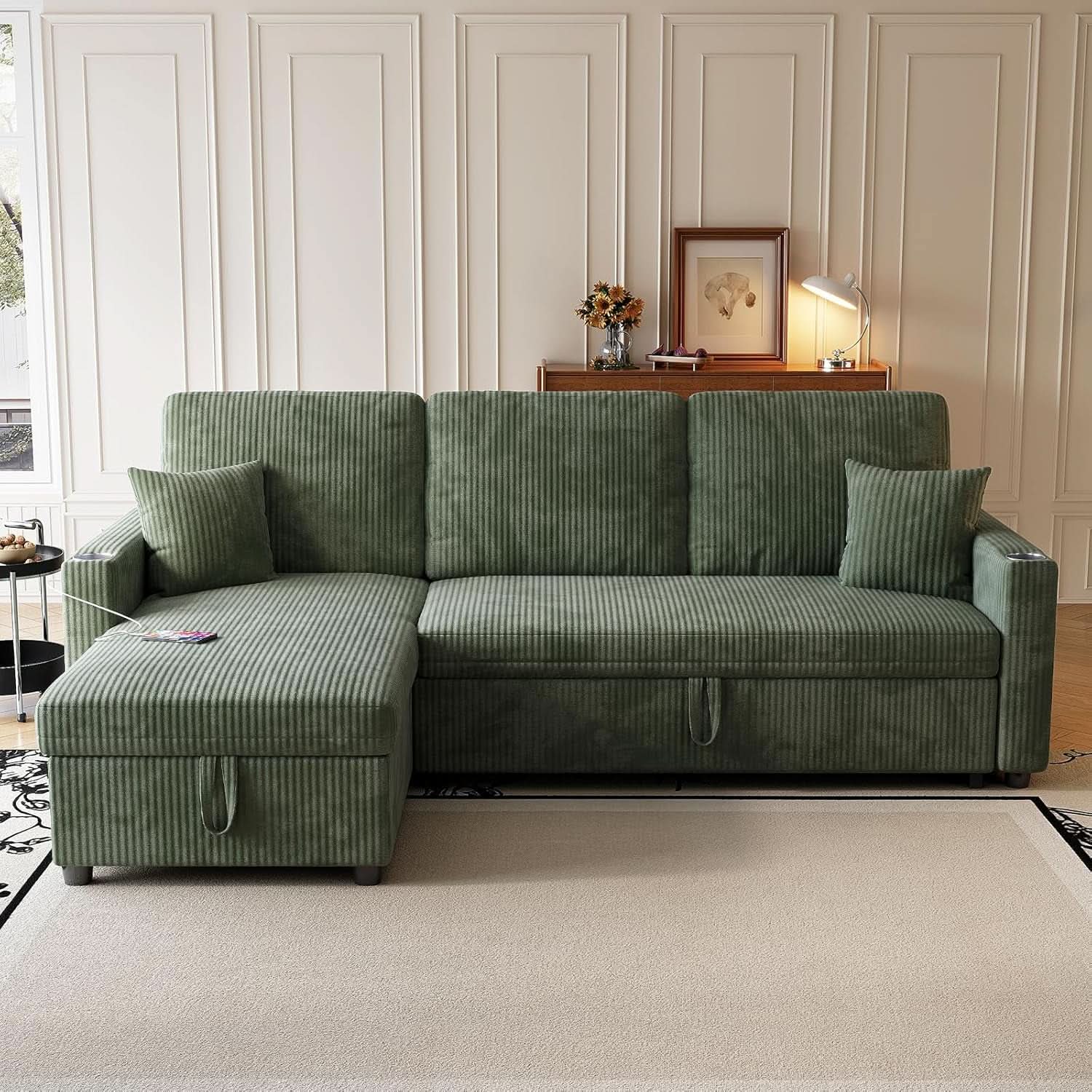 Luxurious Corduroy Green 83-Inch Sleeper Sectional Sofa