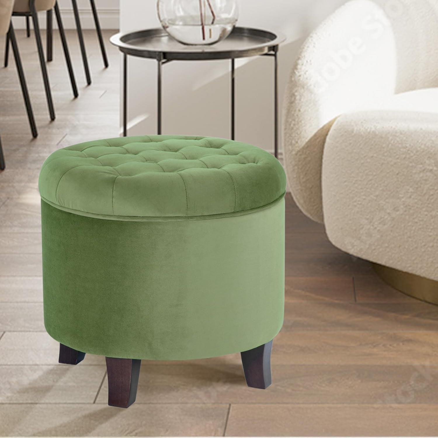 Luxurious Emerald Velvet Tufted Round Ottoman Storage