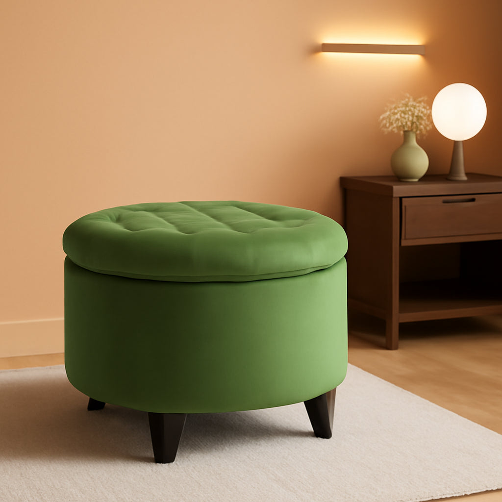 Luxurious Emerald Velvet Tufted Round Ottoman Storage
