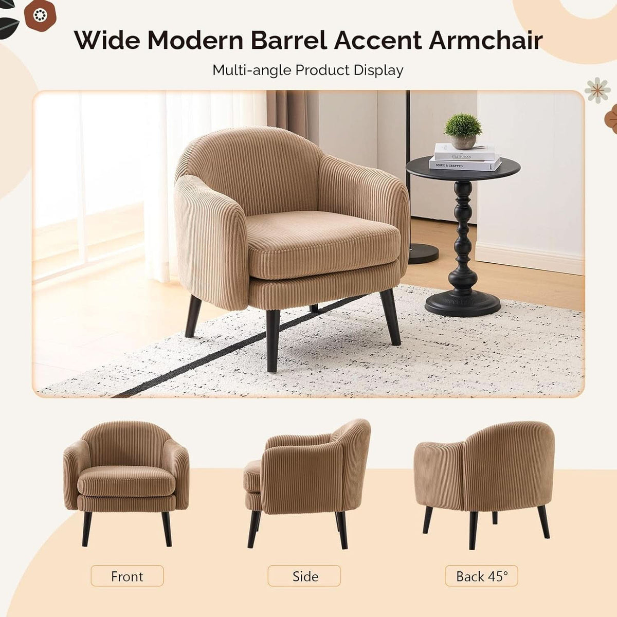 Luxurious Khaki Corduroy Barrel Chair Set 30Inches