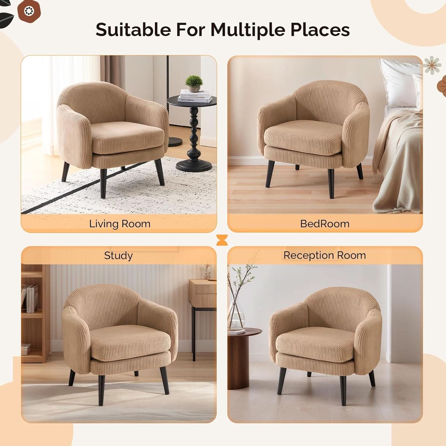 Luxurious Khaki Corduroy Barrel Chair Set 30Inches