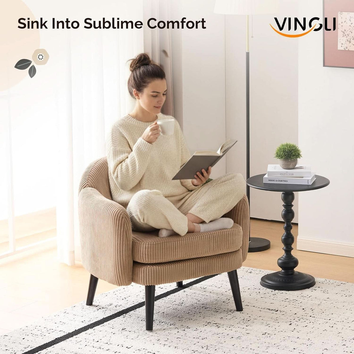 Luxurious Khaki Corduroy Barrel Chair Set 30Inches