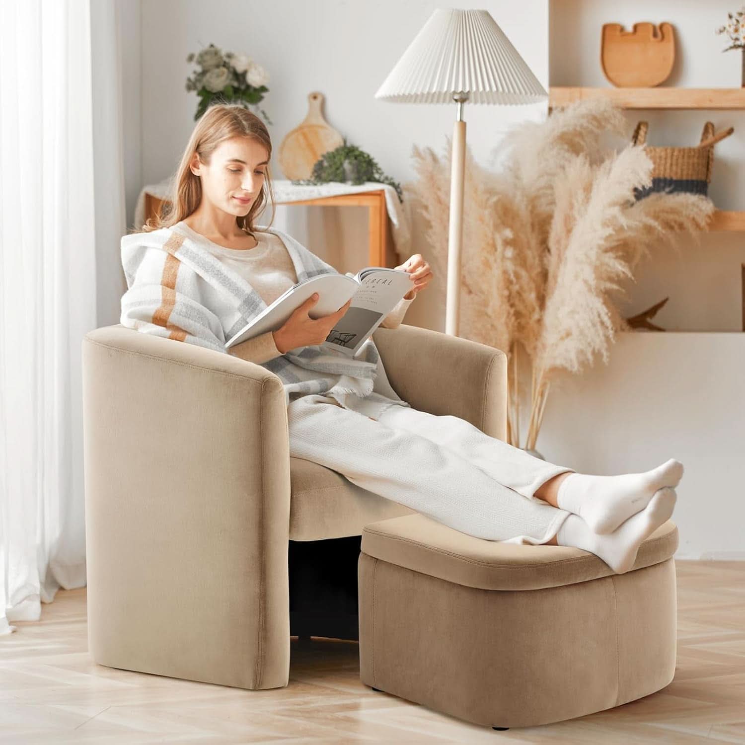 Luxurious Velvet Accent Chair With Storage Ottoman