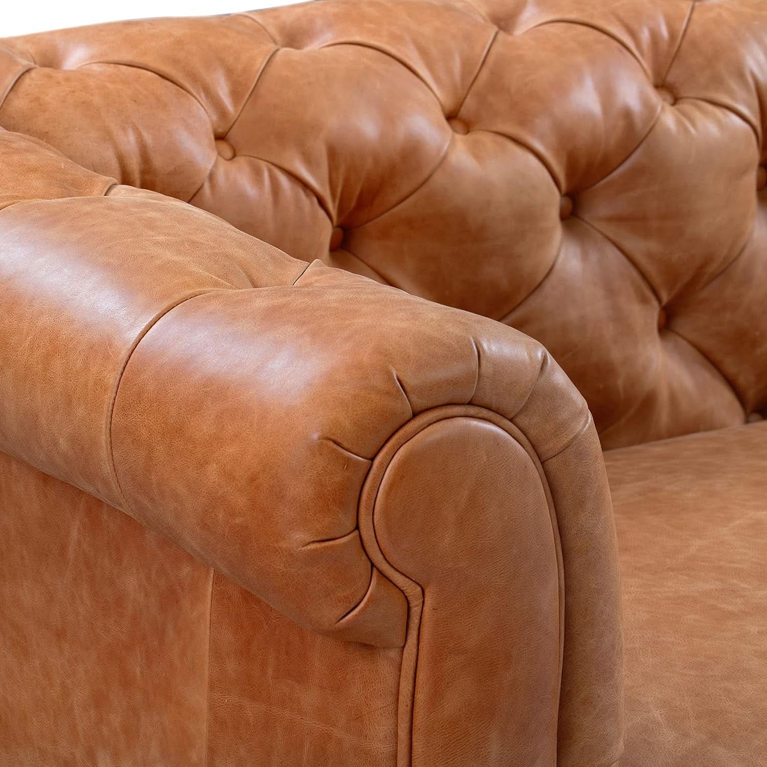 Lyon 87.4 Inch Cognac Tan Sofa Full Grain Leather Finish